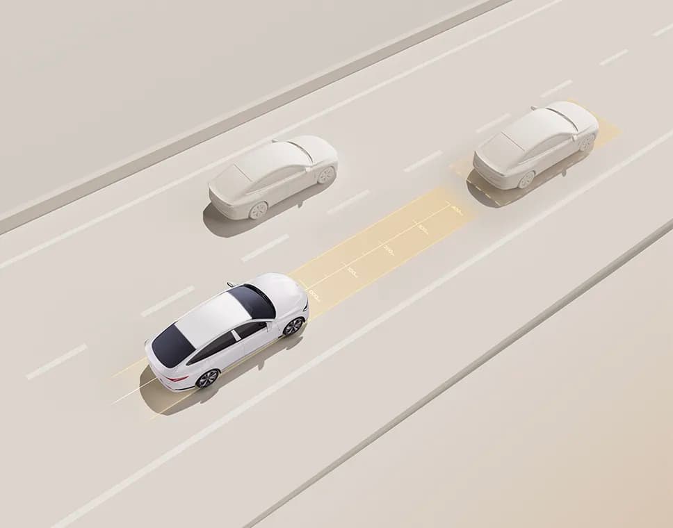 View from the driver's seat in heavy traffic, with HUD elements showing adaptive cruise control.